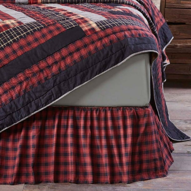 TACOMA Queen Bed Skirt Dust Ruffle Red/Creme/Green Plaid Cotton Lodge VHC Brands 